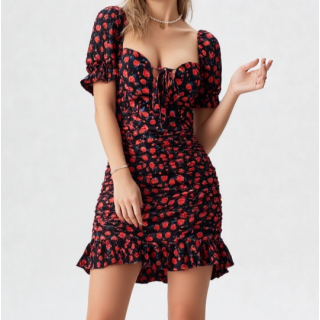 فستان قصير نسائي أسود مزهر بالورود الحمراء Women’s Black Mini Dress with Red Floral Print – Code 092 فستان قصير نسائي أسود مزهر بالورود الحمراء Women’s Black Mini Dress with Red Floral Print – Code 092
