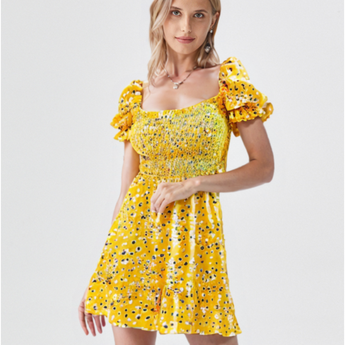 فستان قصير صيفي نسائي أصفر مزهر بأكمام منفوشة – Free Size Women’s Yellow Floral Short Dress With Puff Sleeves – Free Size فستان قصير صيفي نسائي أصفر مزهر بأكمام منفوشة – Free Size Women’s Yellow Floral Short Dress With Puff Sleeves – Free Size