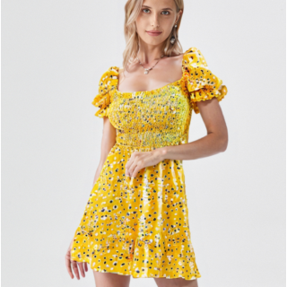 فستان قصير صيفي نسائي أصفر مزهر بأكمام منفوشة – Free Size Women’s Yellow Floral Short Dress With Puff Sleeves – Free Size فستان قصير صيفي نسائي أصفر مزهر بأكمام منفوشة – Free Size Women’s Yellow Floral Short Dress With Puff Sleeves – Free Size