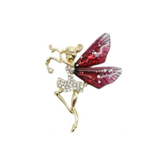 بروش (دبوس) فتاة الفراشة بأجنحة حمراء - ذهبي