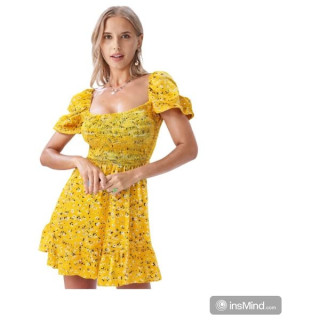 فستان قصير صيفي نسائي مزهر بأكمام منفوشة - اصفر