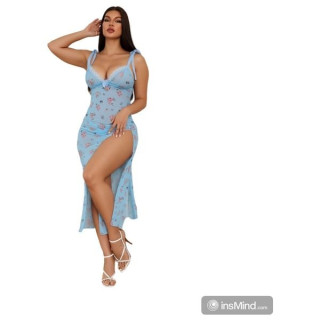 فستان سهرة صيفي طويل بفتحة جانبية بتصميم زهري أنثوي - ازرق